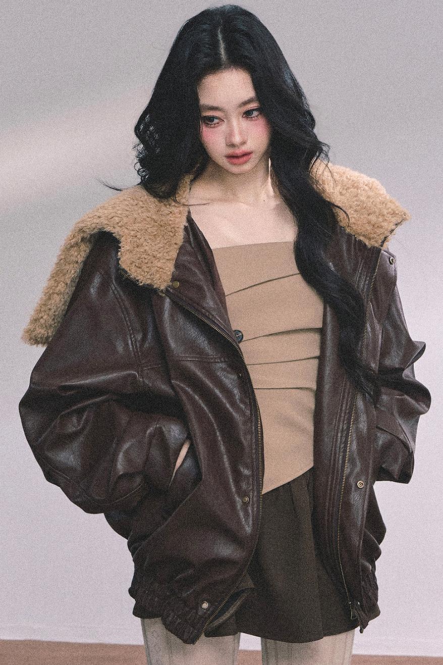 Autumn Navy Lambswool Leather Jacket