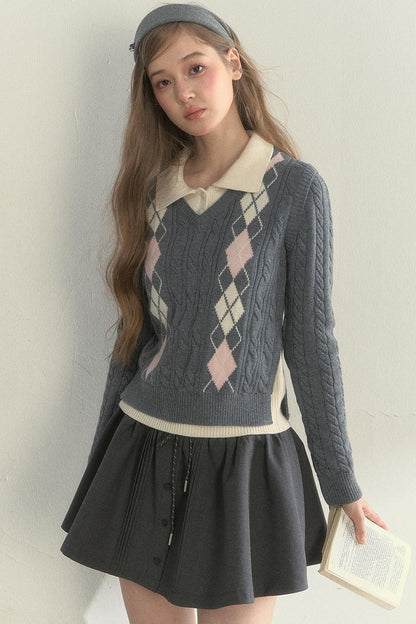 Retro Argyle Knitted Sweater