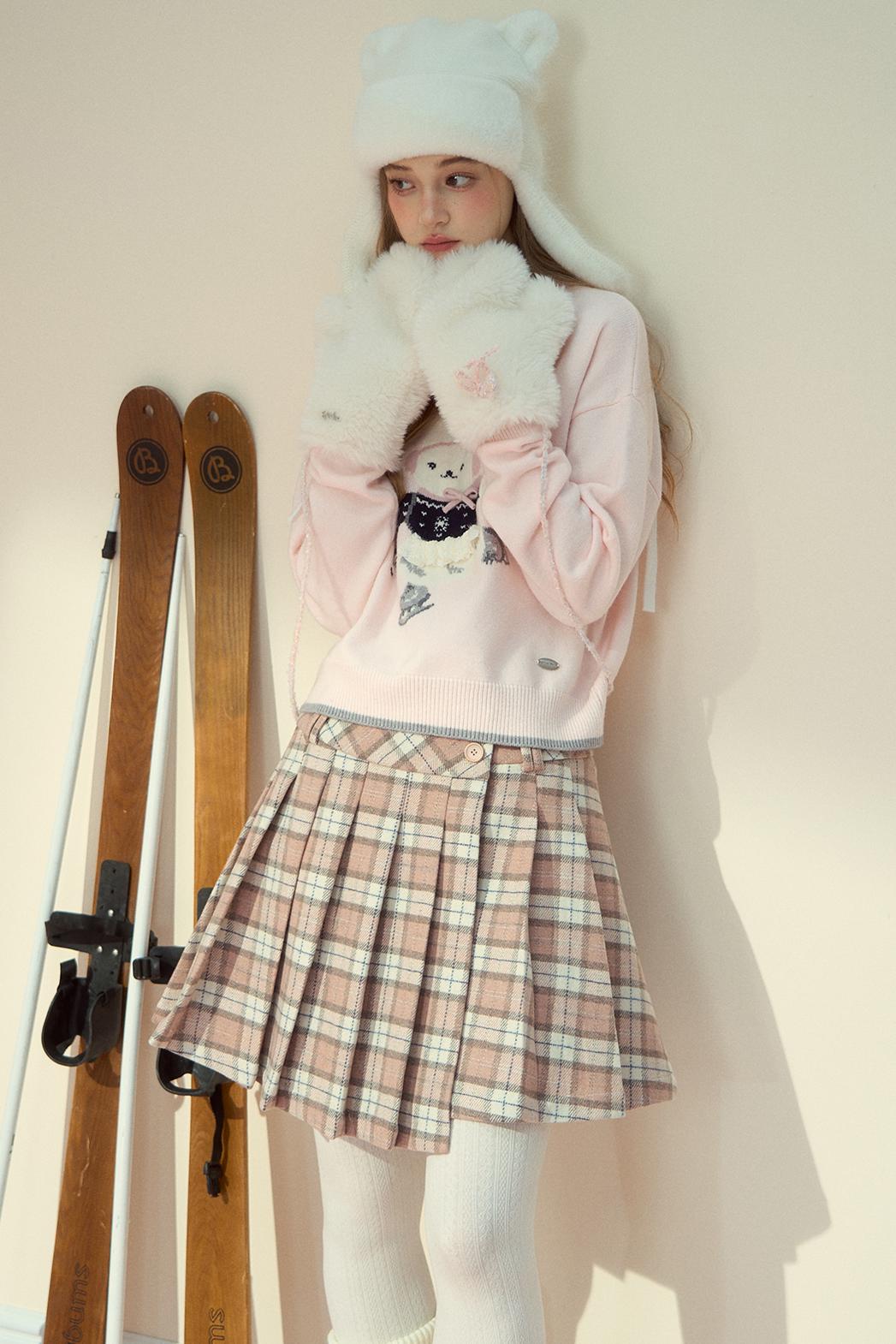 Pink Plaid Wool Pleated Skirt