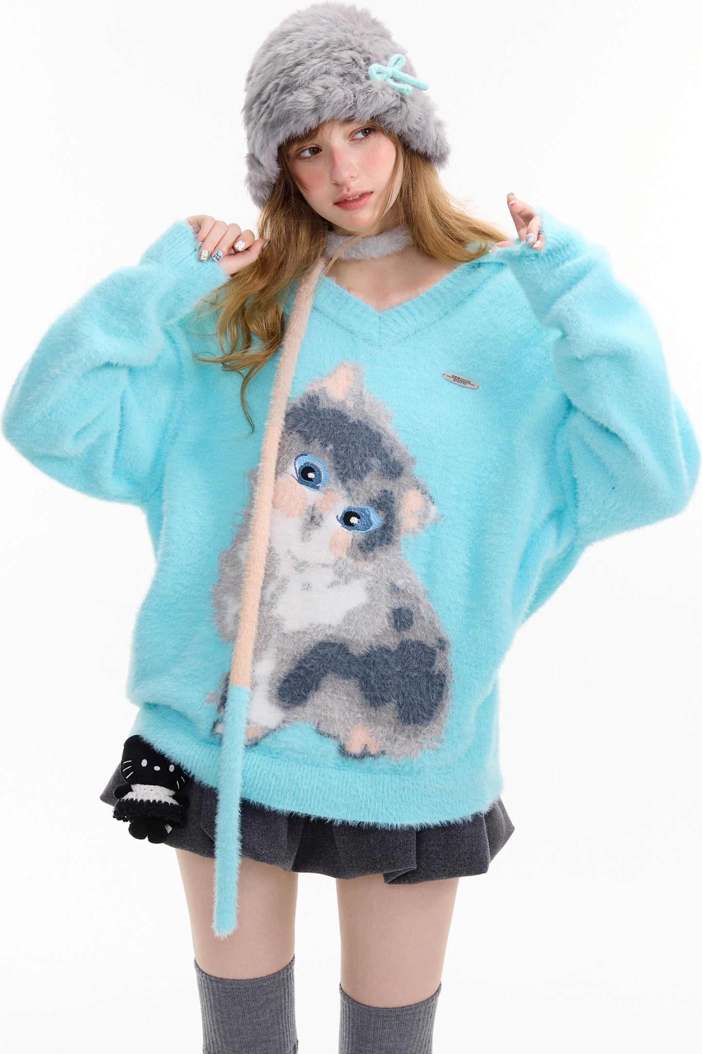 Cat Print V-Neck Polo Light Blue Sweater