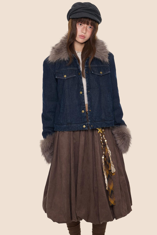Vintage Fur Lapel Denim Jacket