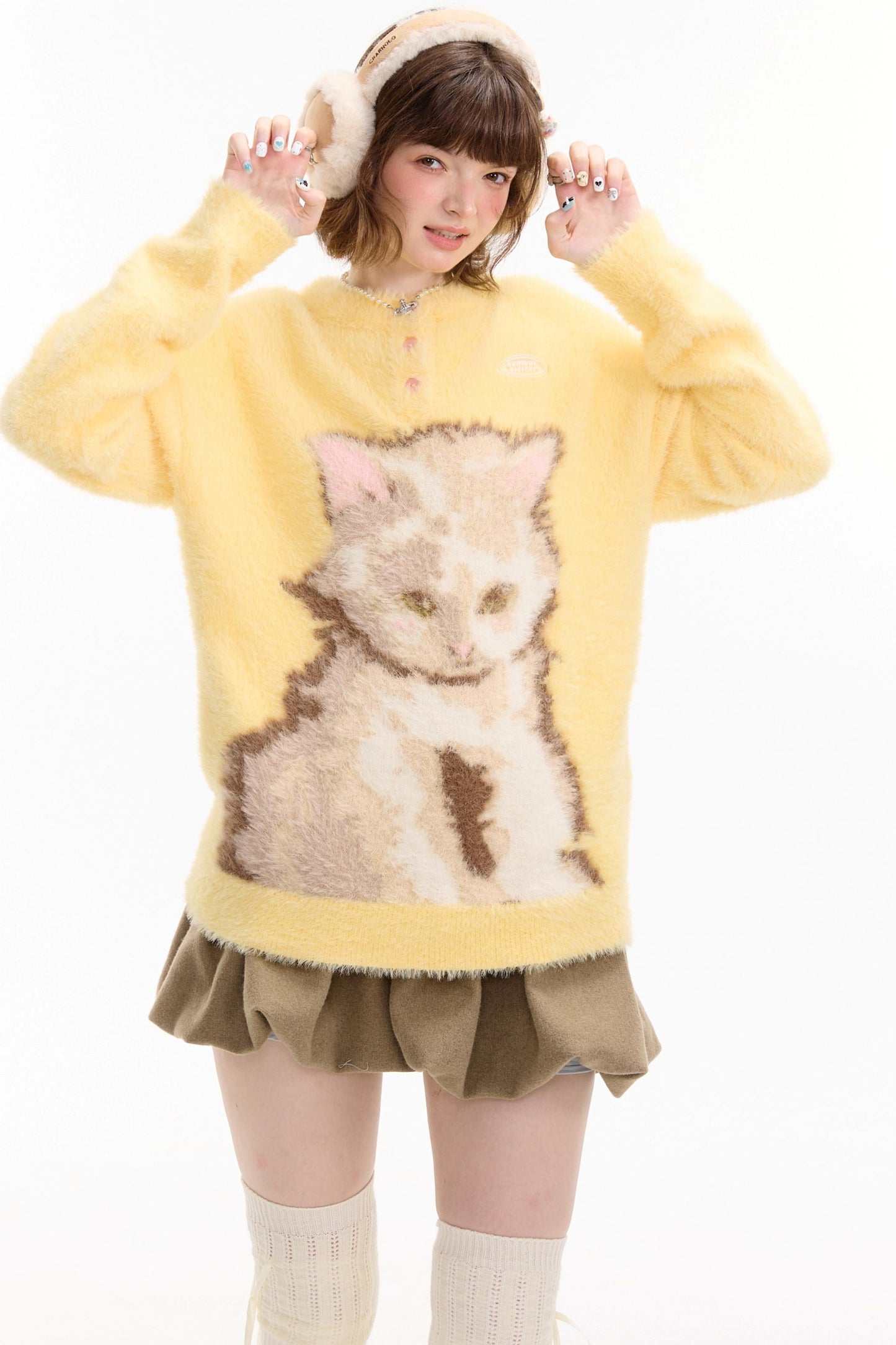 Yellow Cat Print Sweater