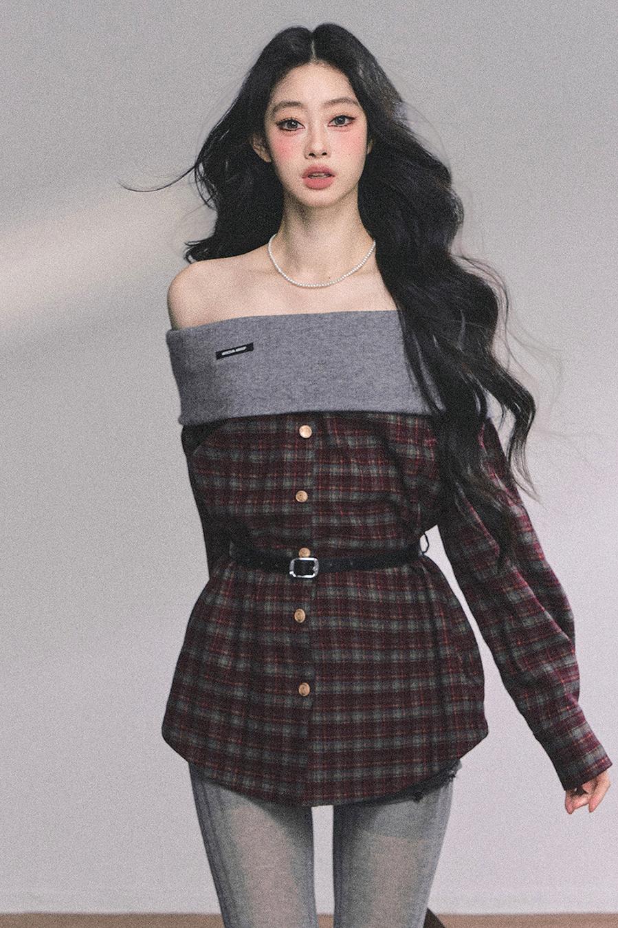 Autumn Waist Slimming Plaid Knit Top
