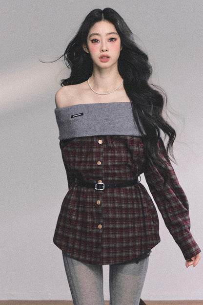 Autumn Waist Slimming Plaid Knit Top
