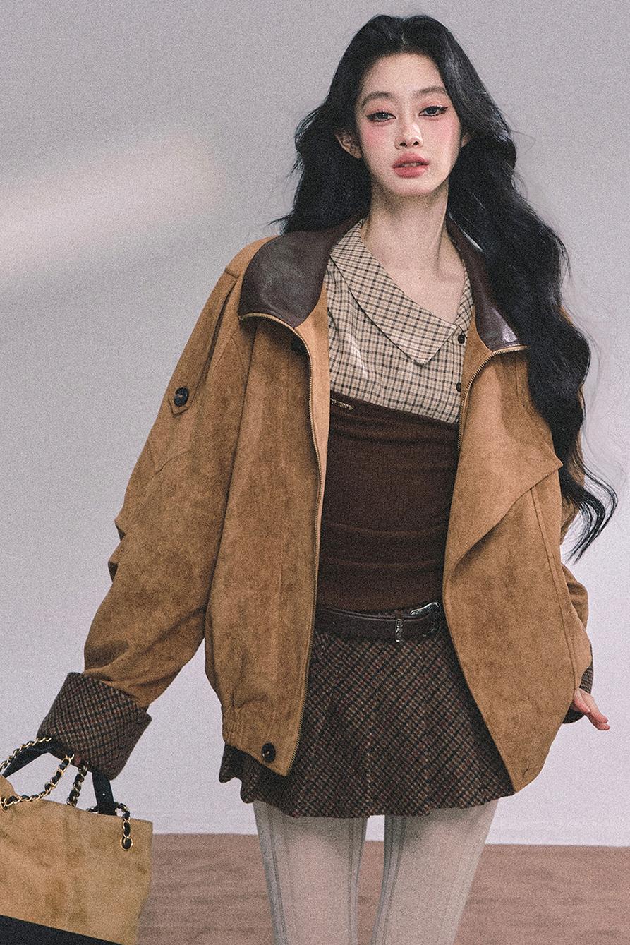 Knitted Long-Sleeved Plaid Top