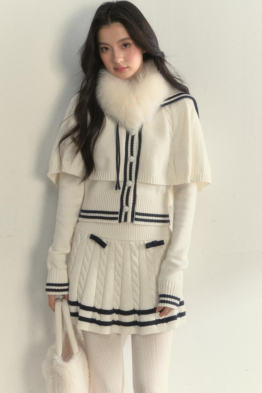 Vintage Navy Twist-Knit Cape Sweater Skirt Set-Up