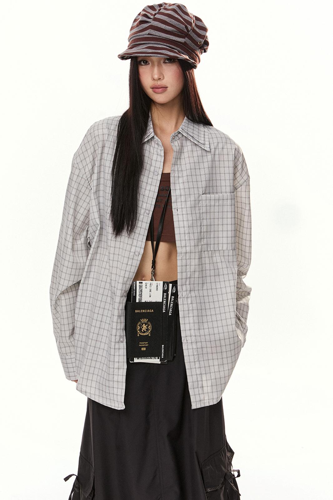 EZEK 아메리칸 레트로 더블 칼라 체크 셔츠 여성용 루즈 슬림 셔츠 재킷 봄 신상 트렌디 브랜드 