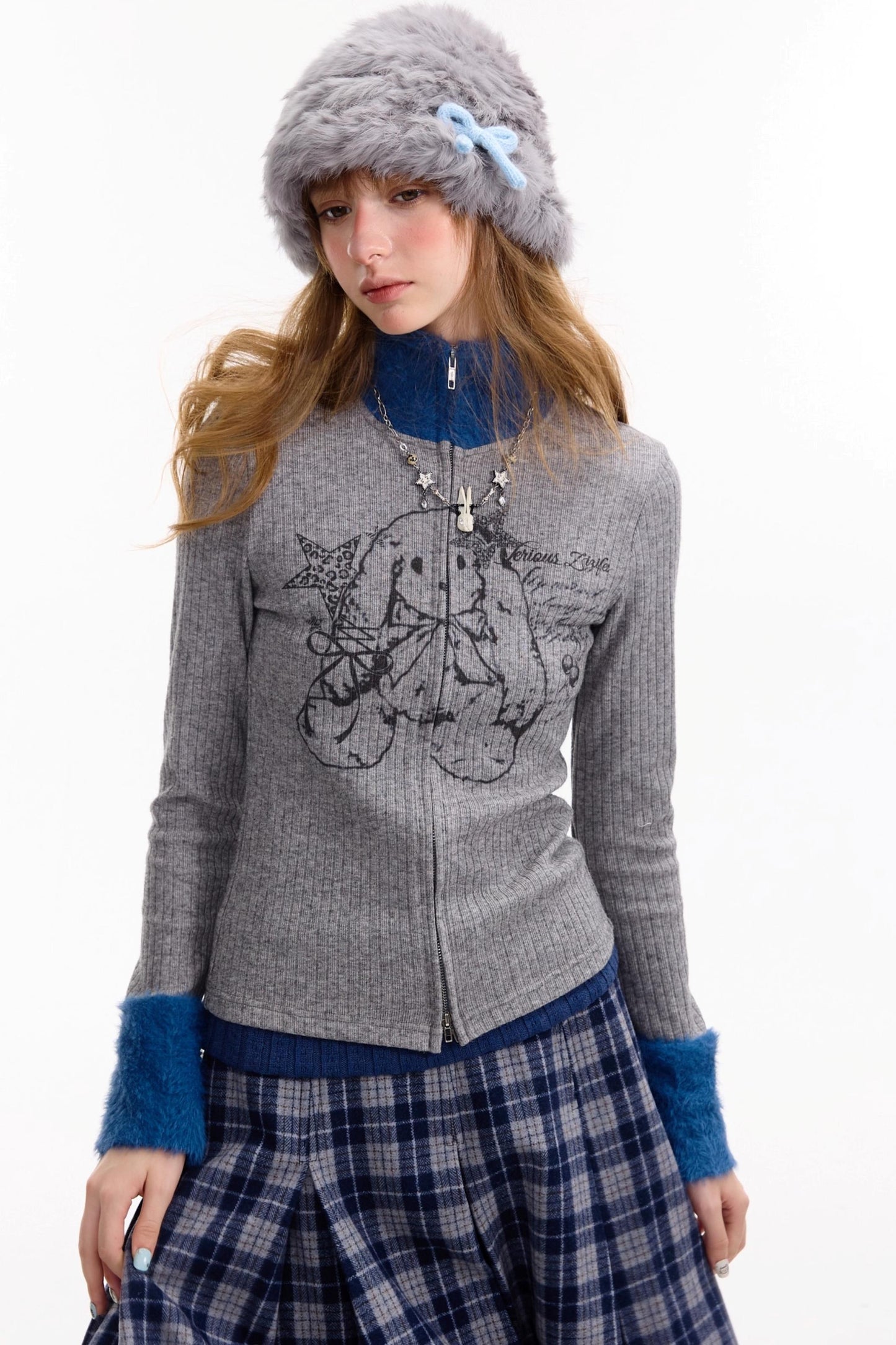 Fur Collar Zipper Rabbit Print Turtleneck Knitted Top