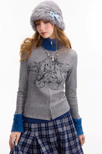 Fur Collar Zipper Rabbit Print Turtleneck Knitted Top