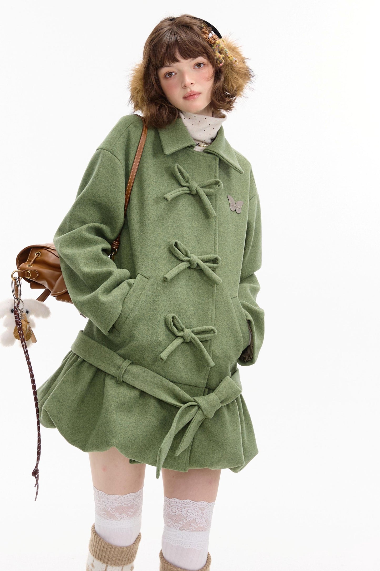 American Retro Bow Pocket Woolen Coat