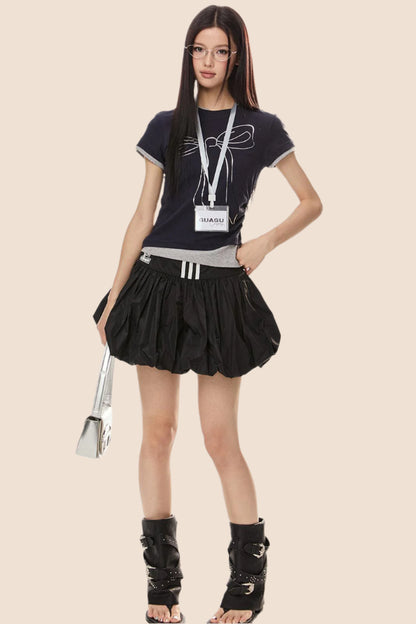 EZEK 아메리칸 3D 활 프린트 반팔 티셔츠 여성 여름 신상 베이비 주름 가짜 투피스 탑 타이드 