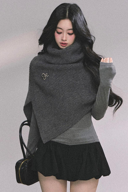 Lightweight Knit Shawl Turtleneck Sweater Set
