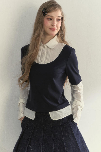Retro Navy Blue Two-Piece Blouse