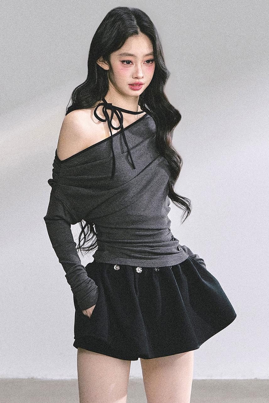Korean Autumn Gray Halterneck Top