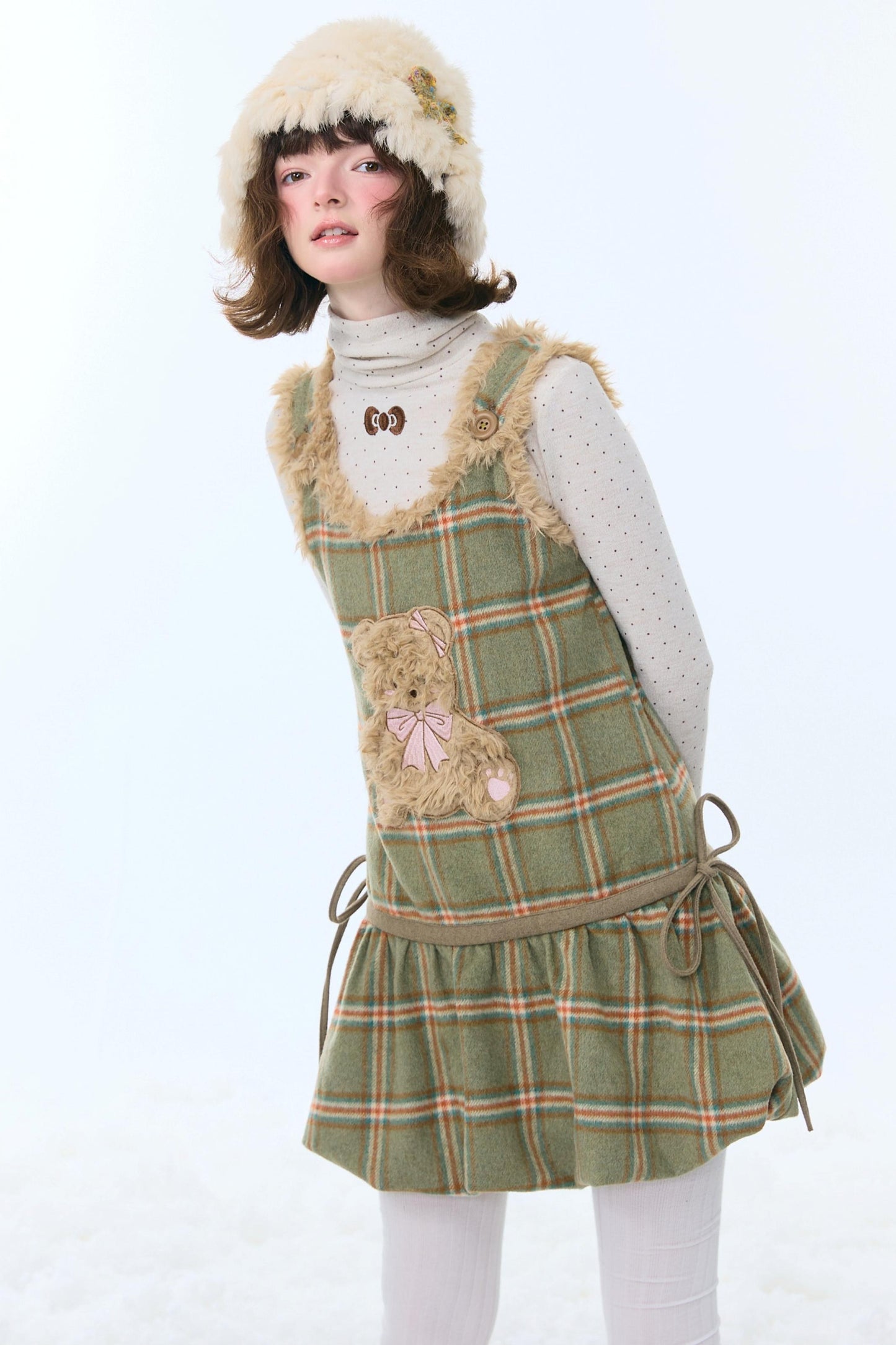 Green Plaid Teddy Vest Dress