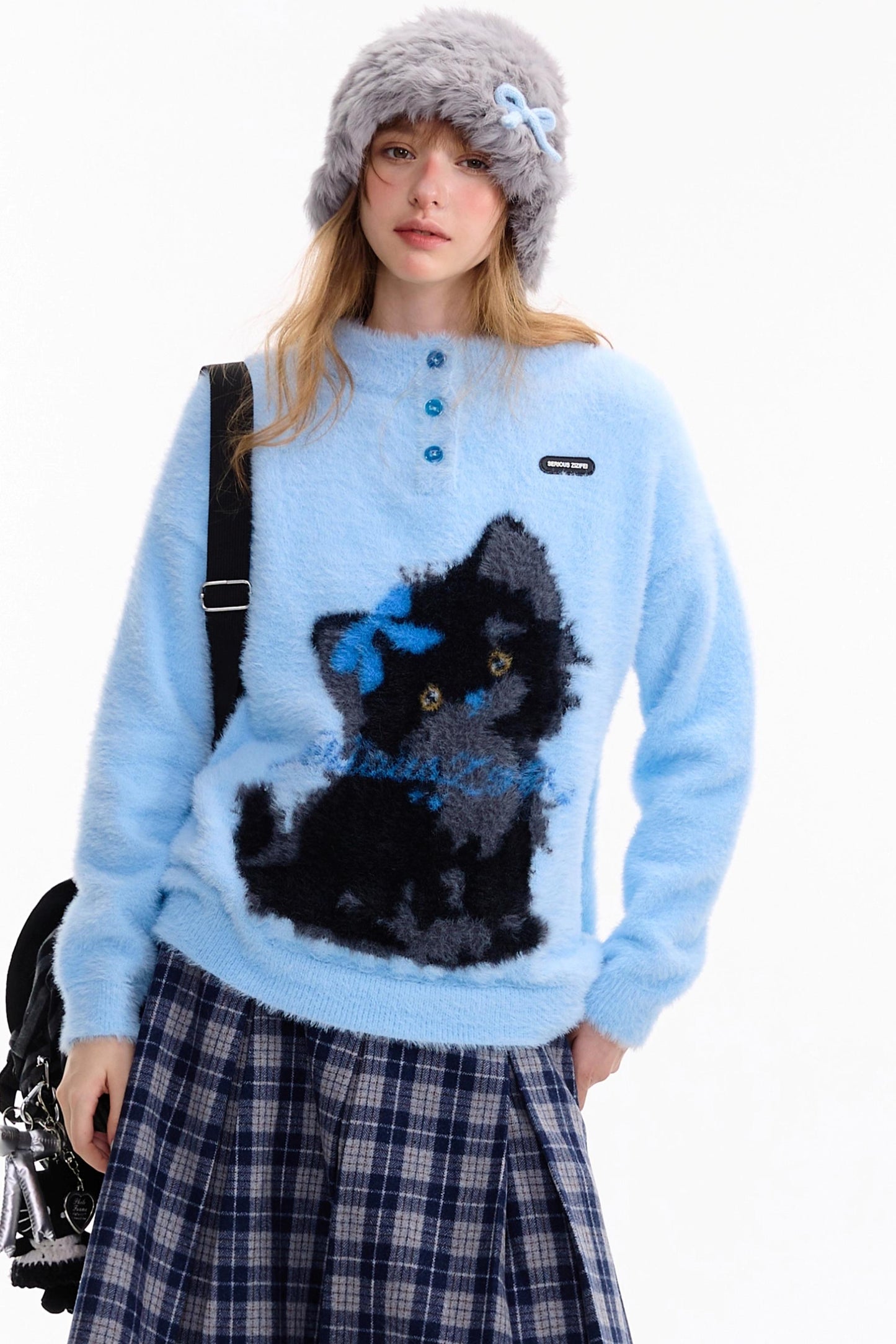 Blauer Katzendruck-Pullover