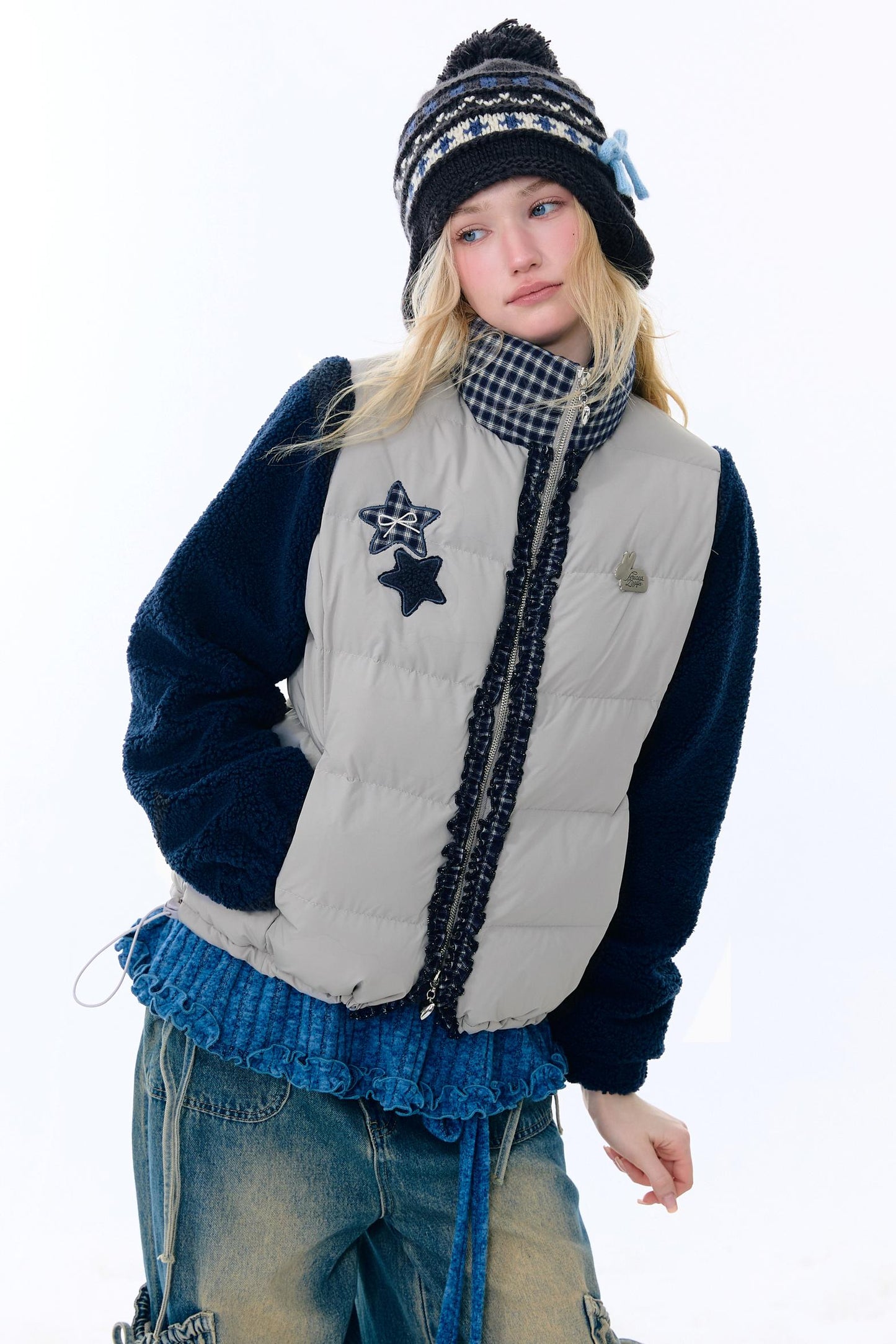 Star Print Color-Blocking Cotton Coat