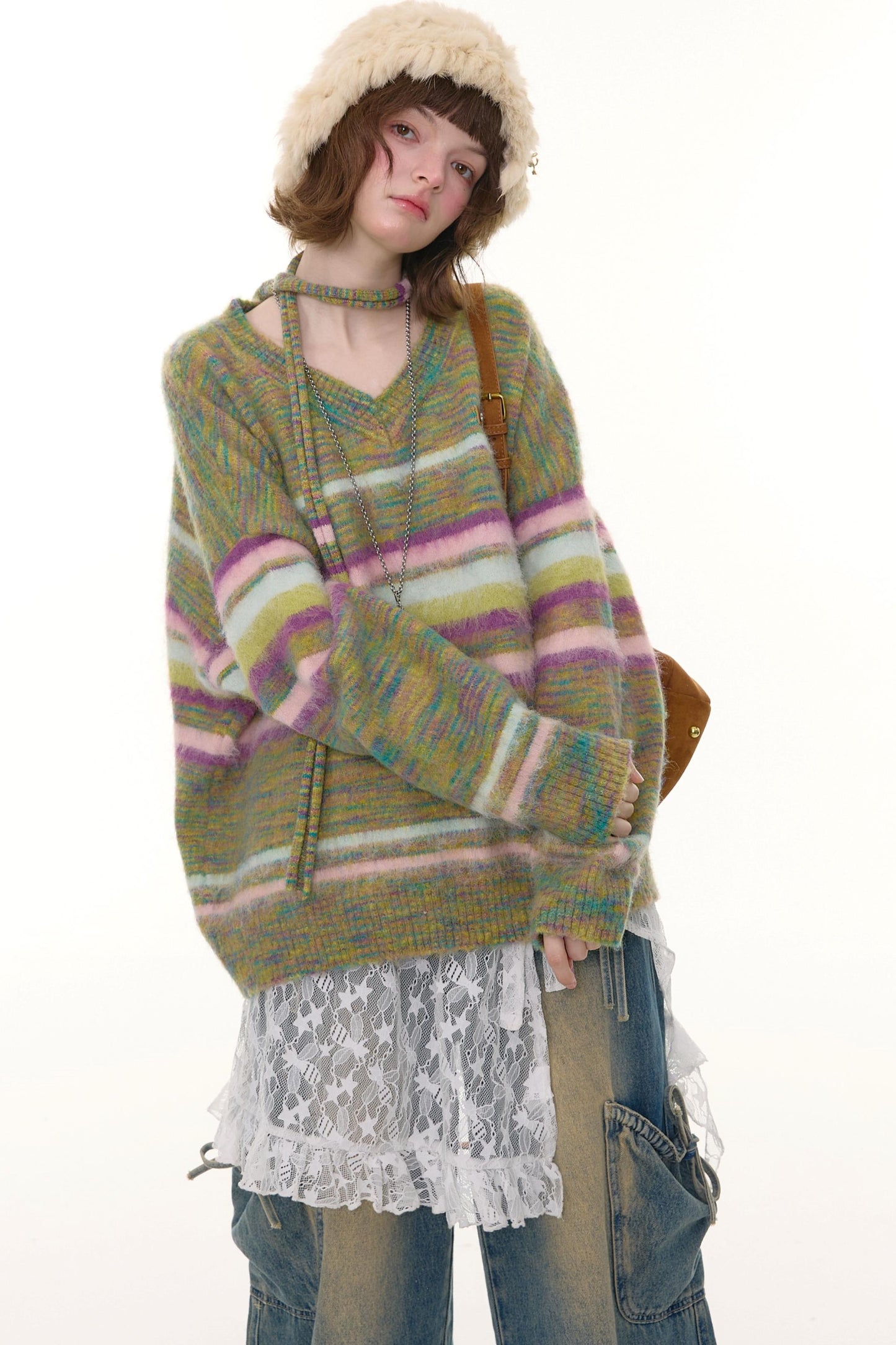 Autumn Winter Color-Blocking Striped V-Neck Sweater