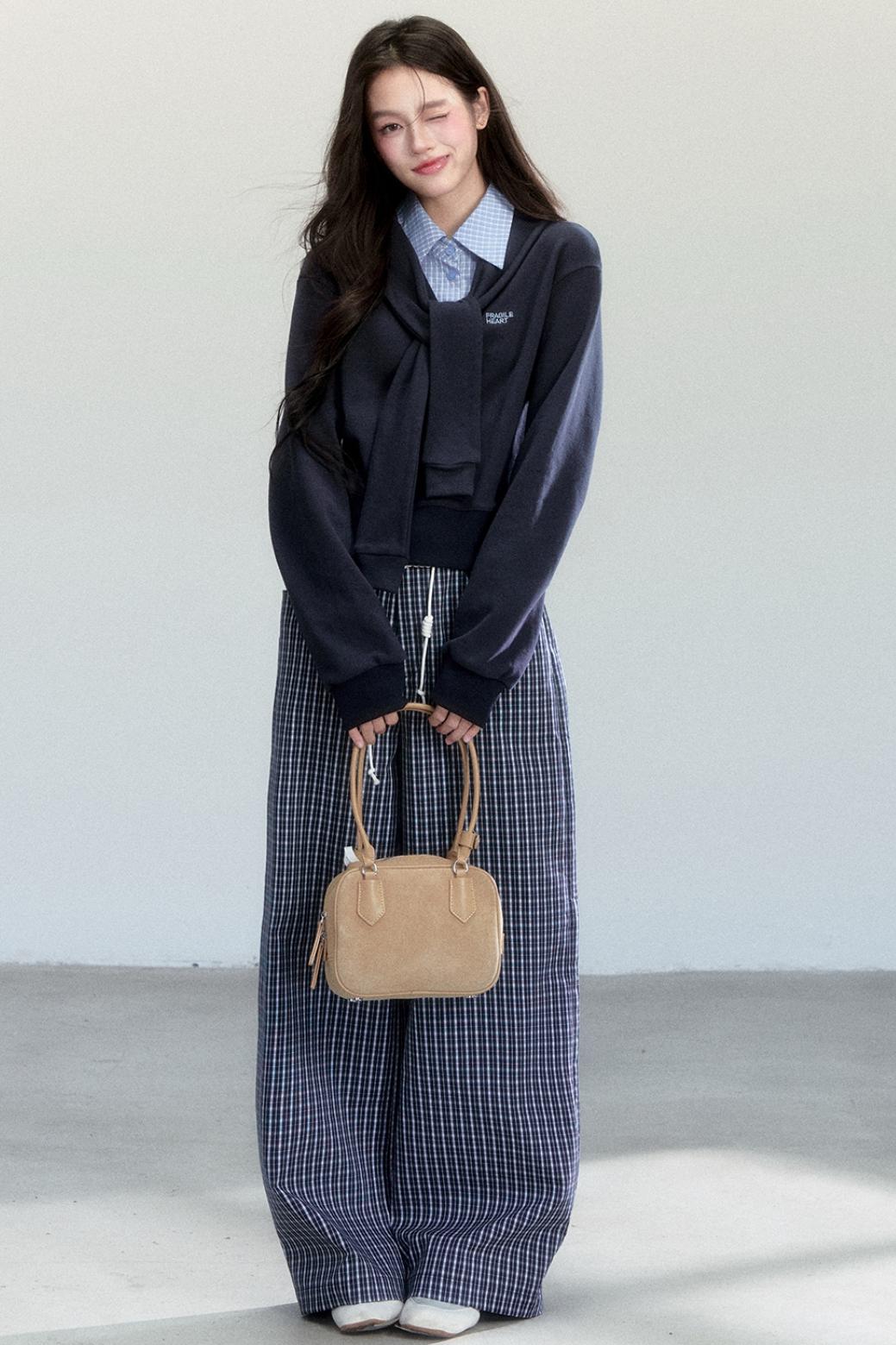 Navy Vine Plaid Wide-Leg Pants