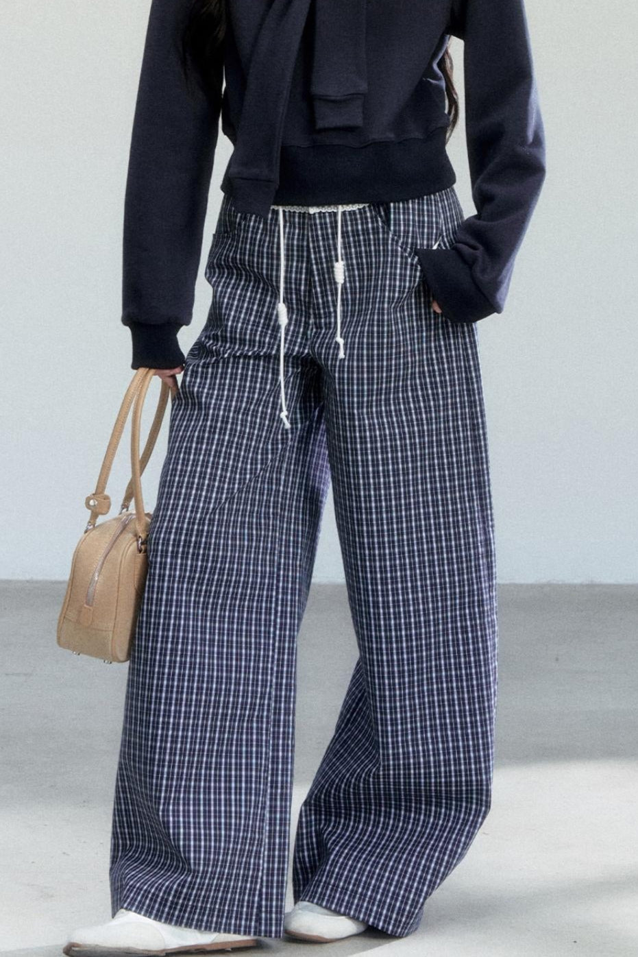 Navy Vine Plaid Wide-Leg Pants