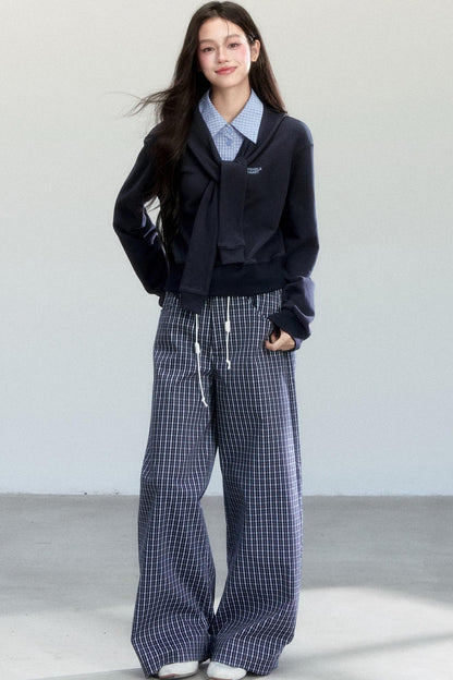 Navy Vine Plaid Wide-Leg Pants