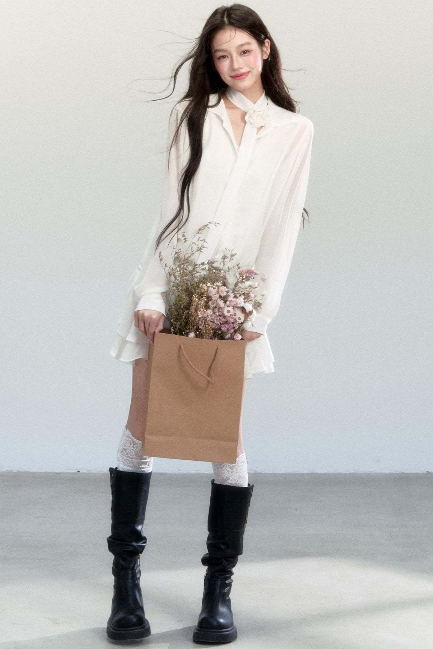 Cherry Blossom Chiffon Waist Ruffle Dress