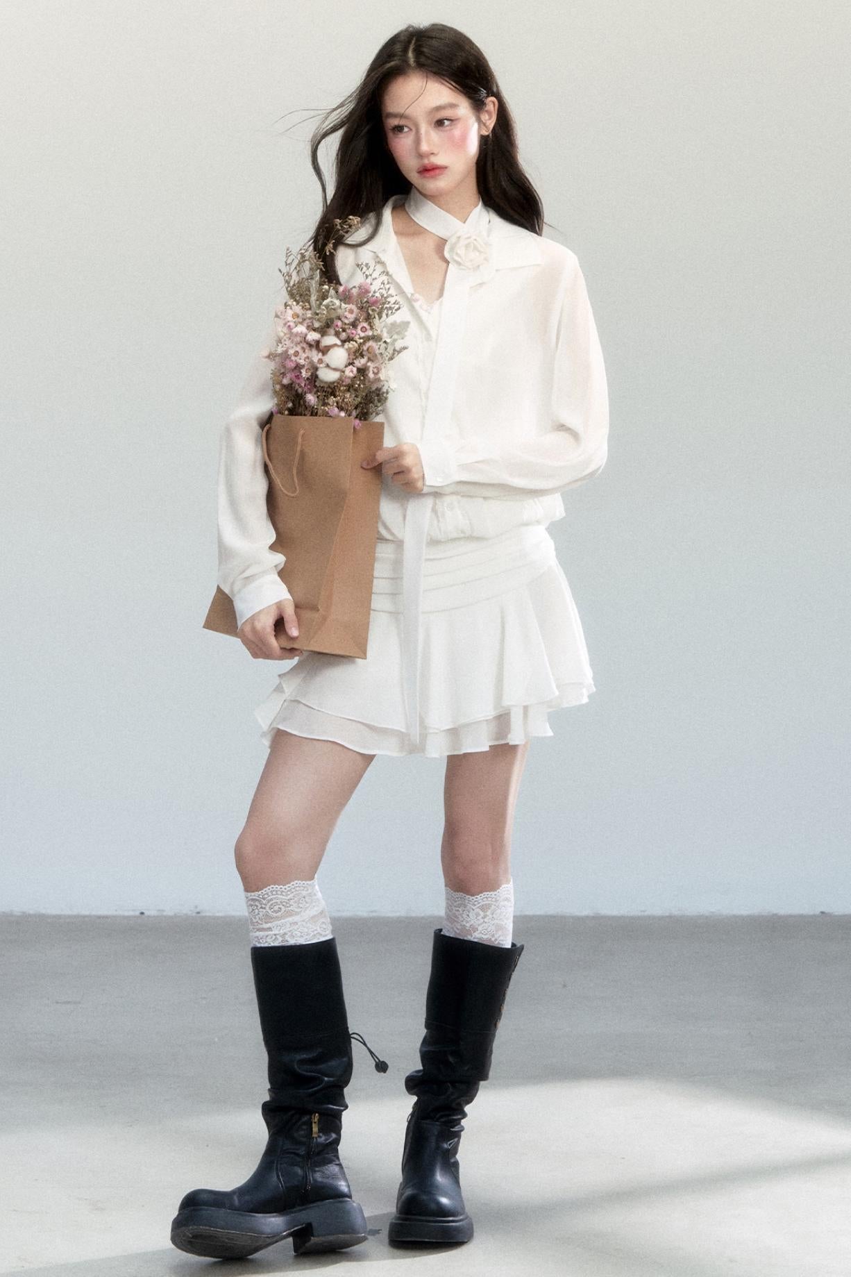 Cherry Blossom Chiffon Waist Ruffle Dress