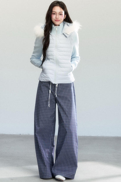 Navy Vine Plaid Wide-Leg Pants