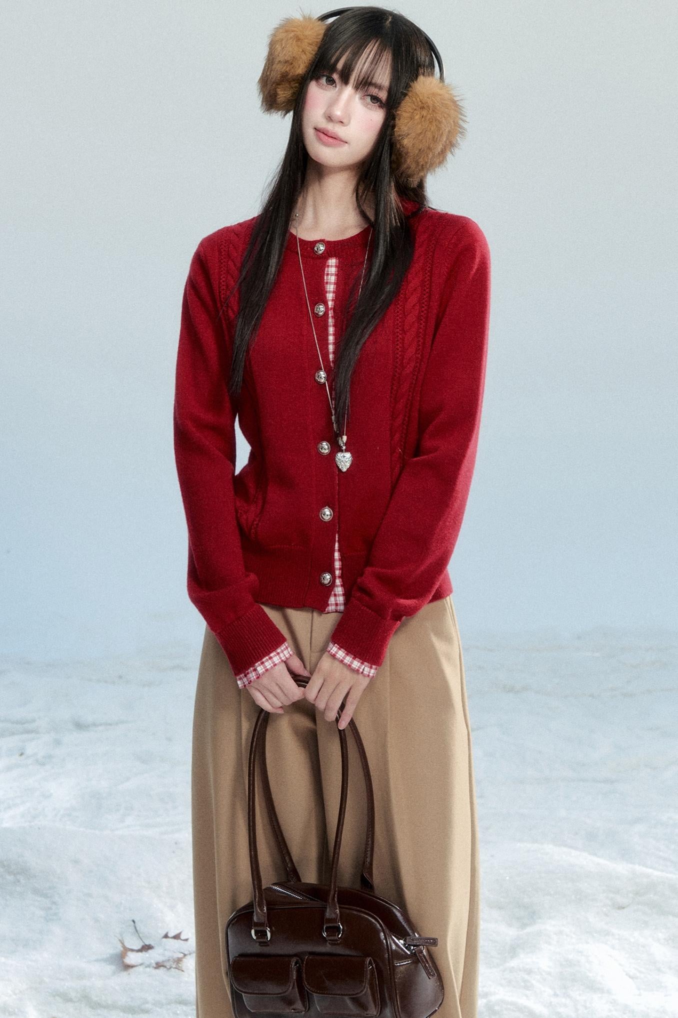 Red Patchwork Knit Cardigan