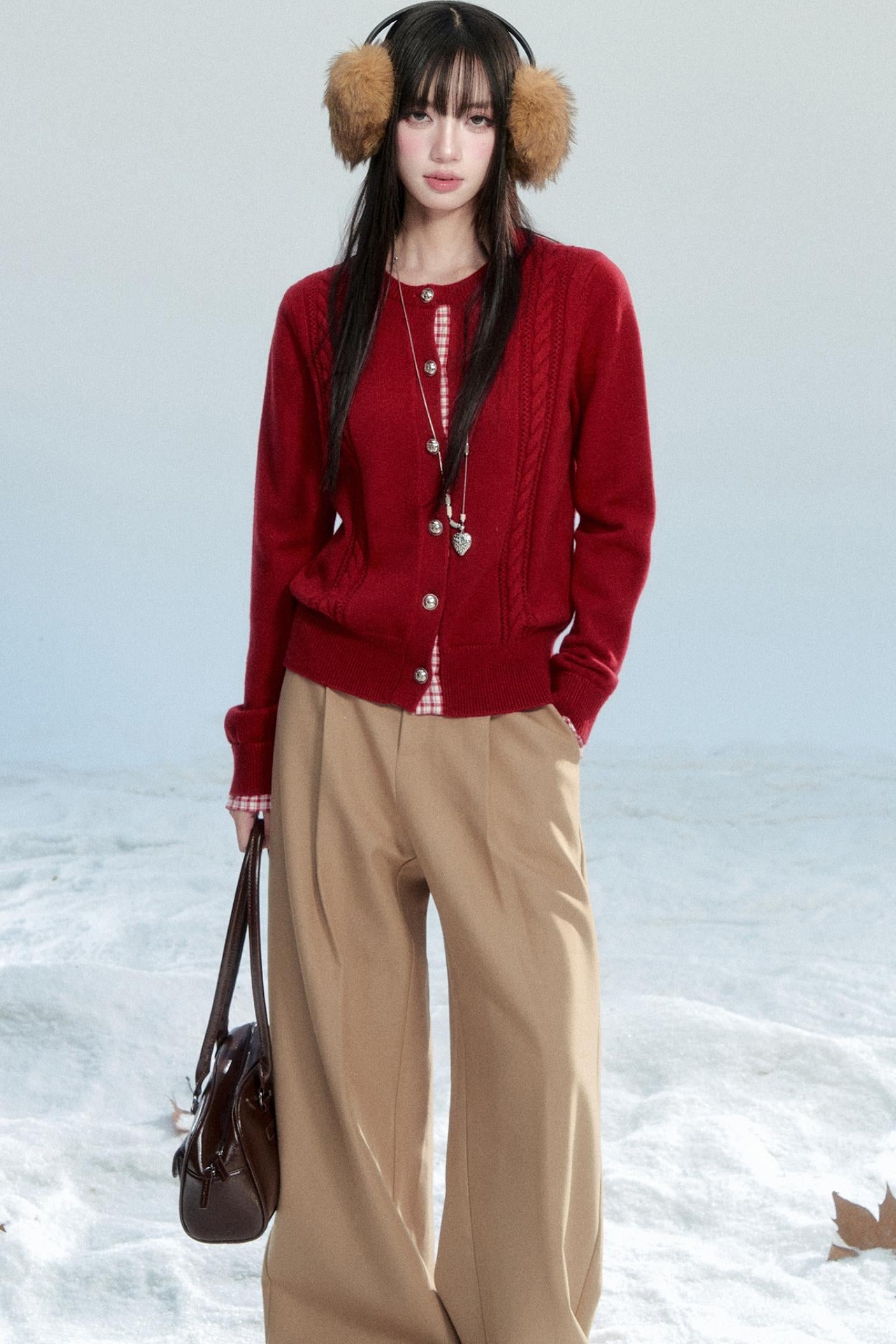 Red Patchwork Knit Cardigan