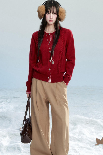 Red Patchwork Knit Cardigan