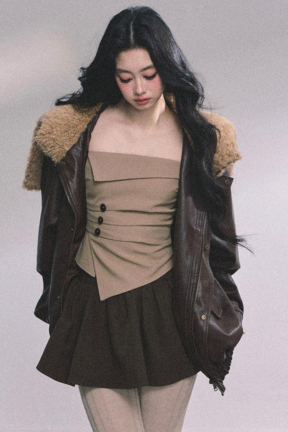 Autumn Navy Lambswool Leather Jacket