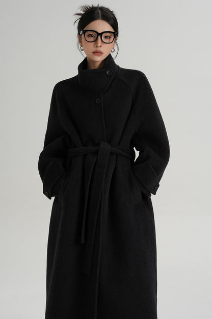 Temperament Diagonal Buckle Wool Coat