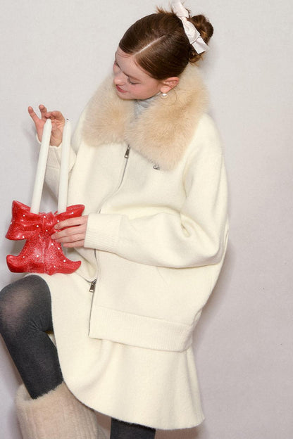 Wool Fur Collar Knit Jacket Set-Up