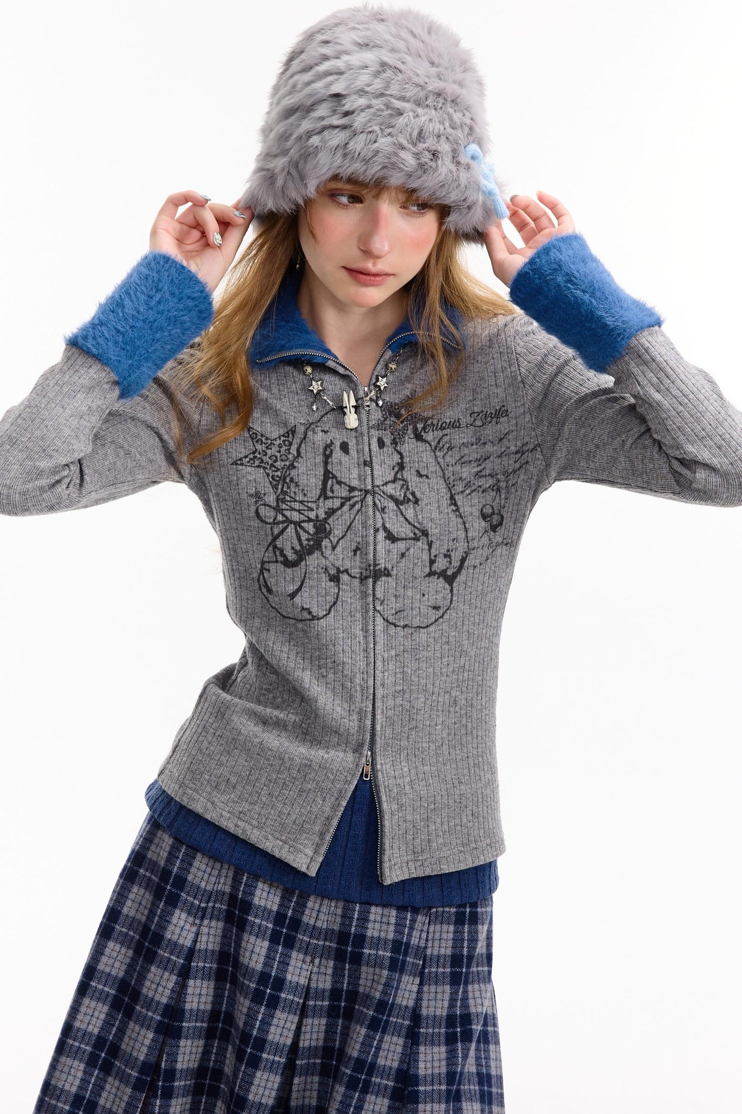 Fur Collar Zipper Rabbit Print Turtleneck Knitted Top