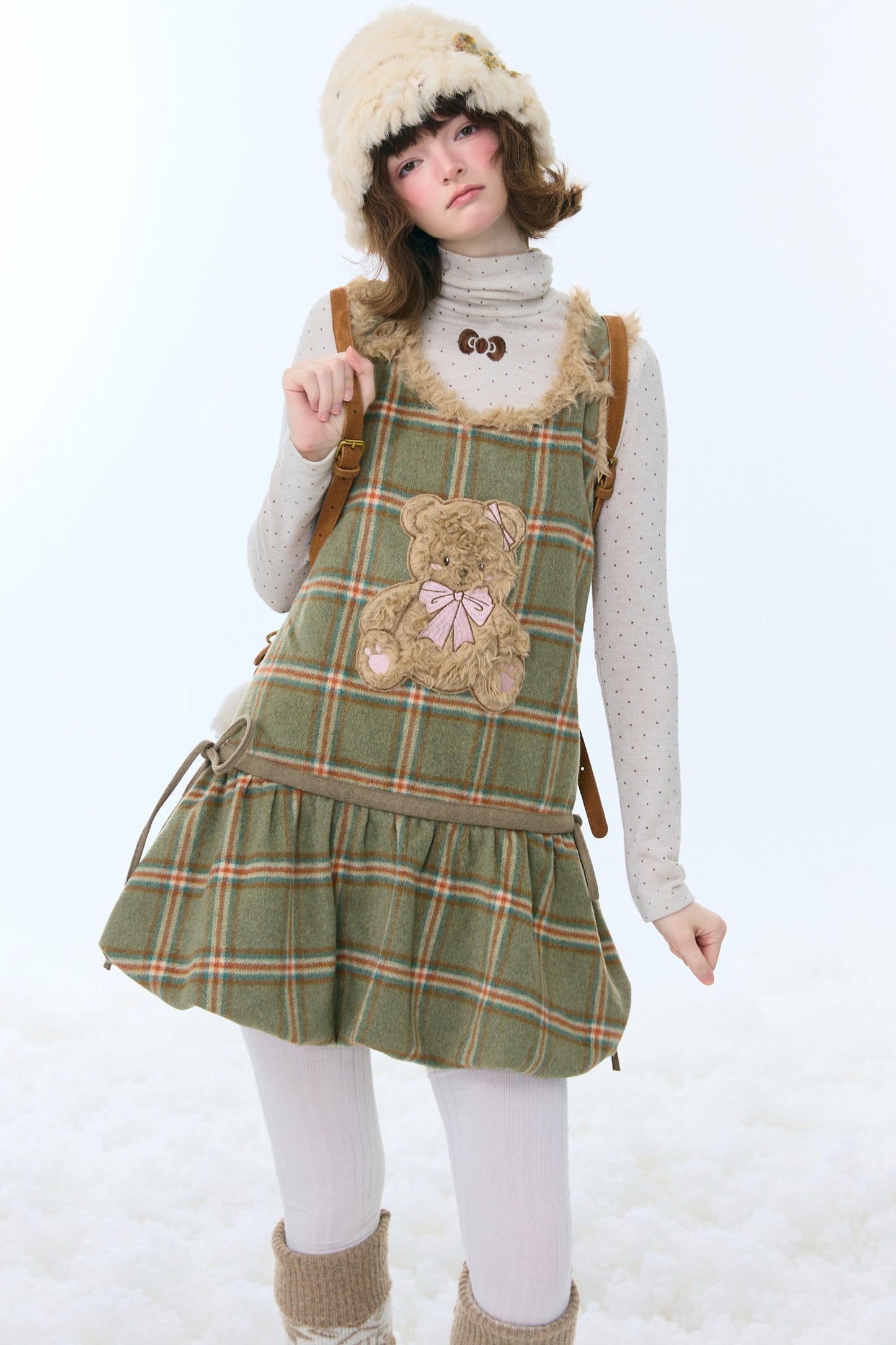 Green Plaid Teddy Vest Dress