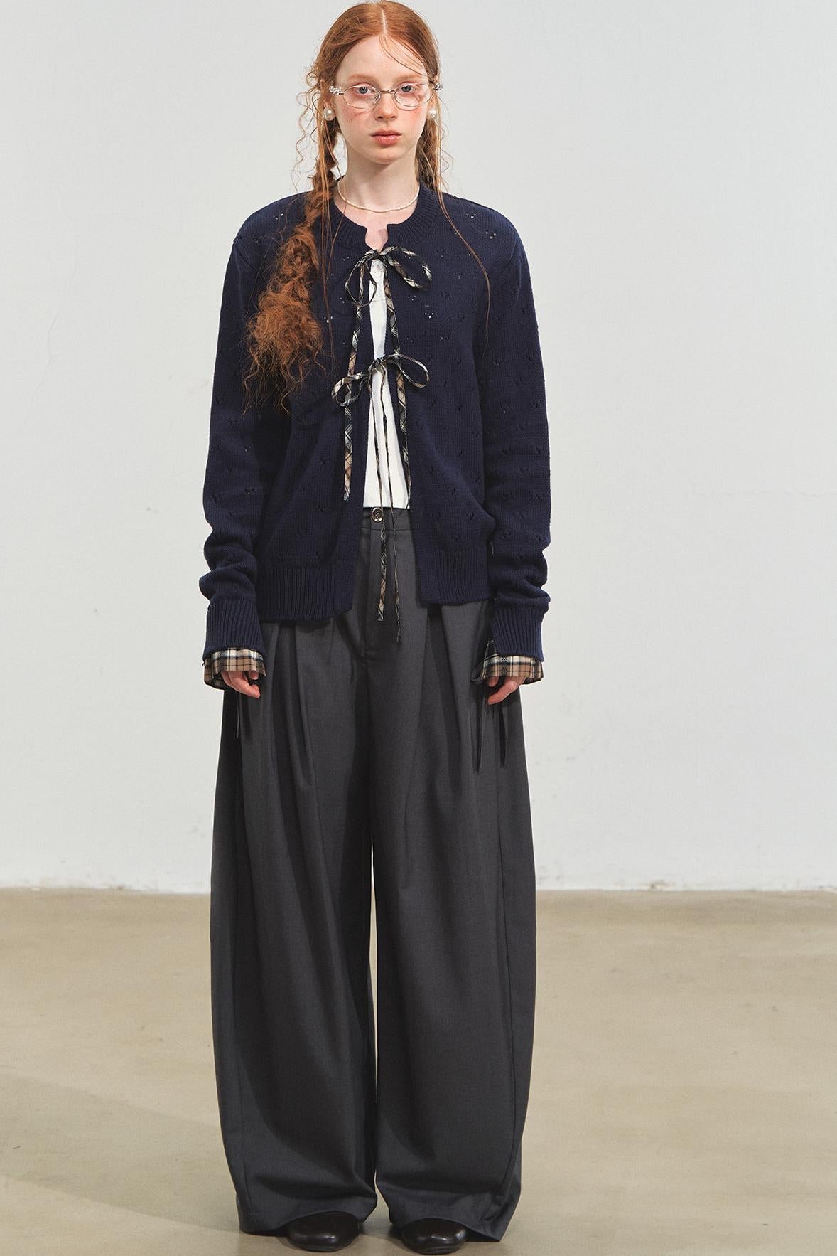 Vintage Plaid Lace-Up Cardigan