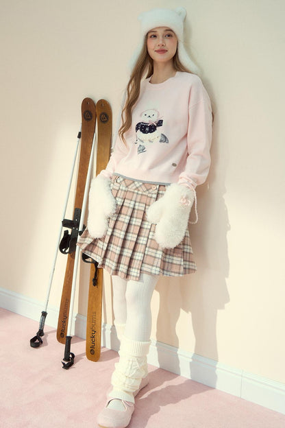 Pink Plaid Wool Pleated Skirt