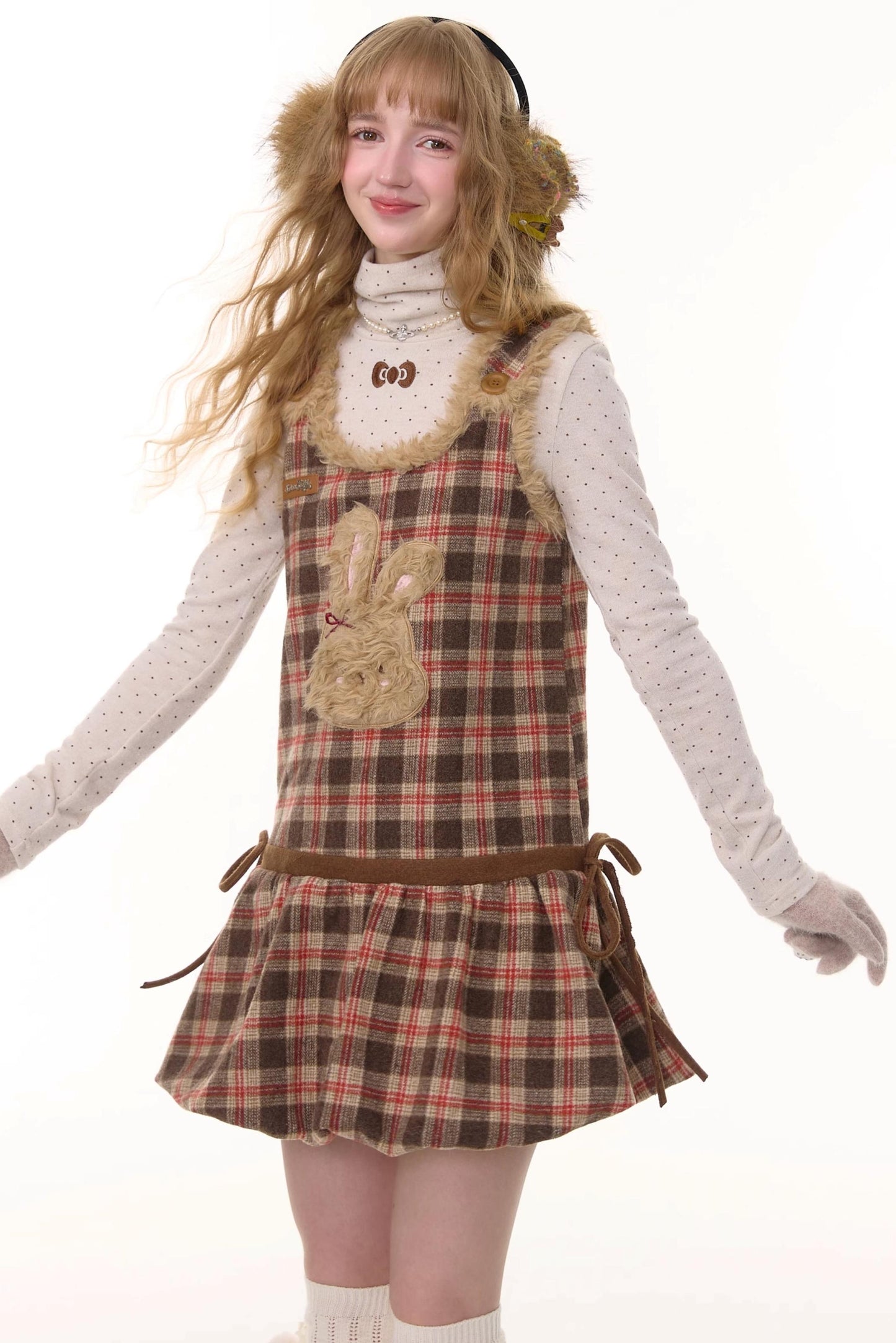 Autumn Reddish-Brown Plaid Rabbit Pocket Vest Dress