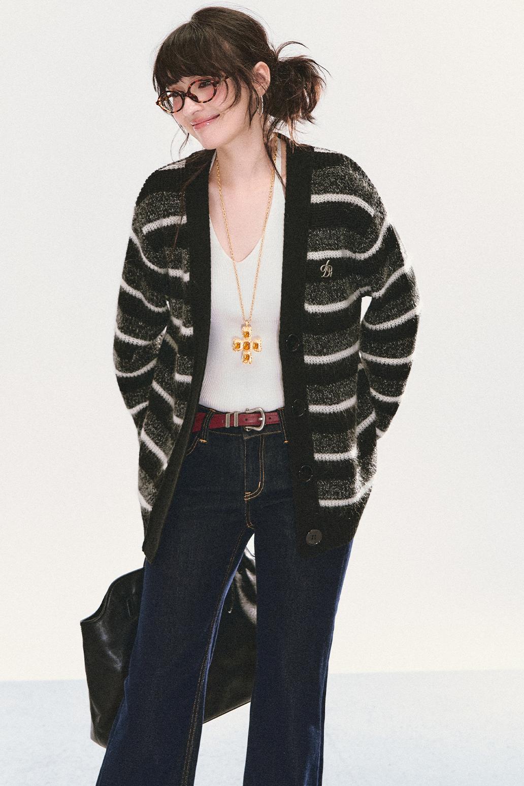 Mohair Striped V-Neck Knit Jacket