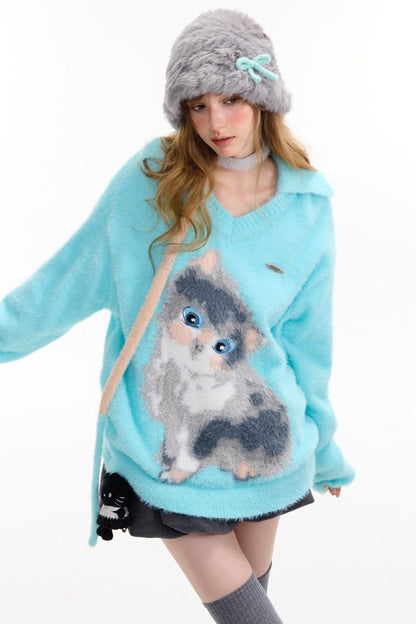 Cat Print V-Neck Polo Light Blue Sweater