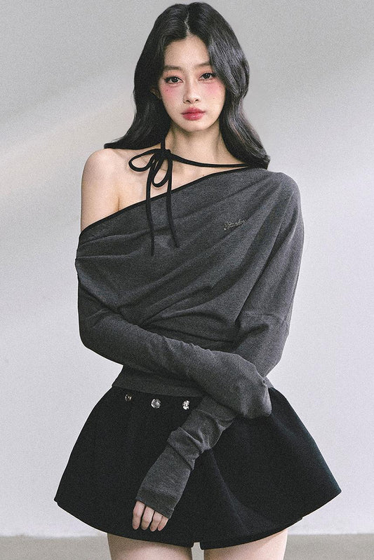 Korean Autumn Gray Halterneck Top