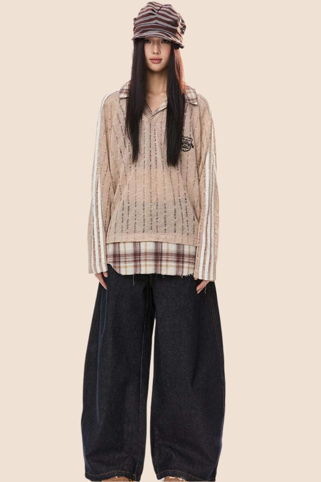 EZEK 아메리칸 레트로 스트라이프 스티칭 대비 약간 투명한 컷아웃 풀오버 스웨트셔츠 여성용 루즈 캐주얼 베이비 탑 타이드 