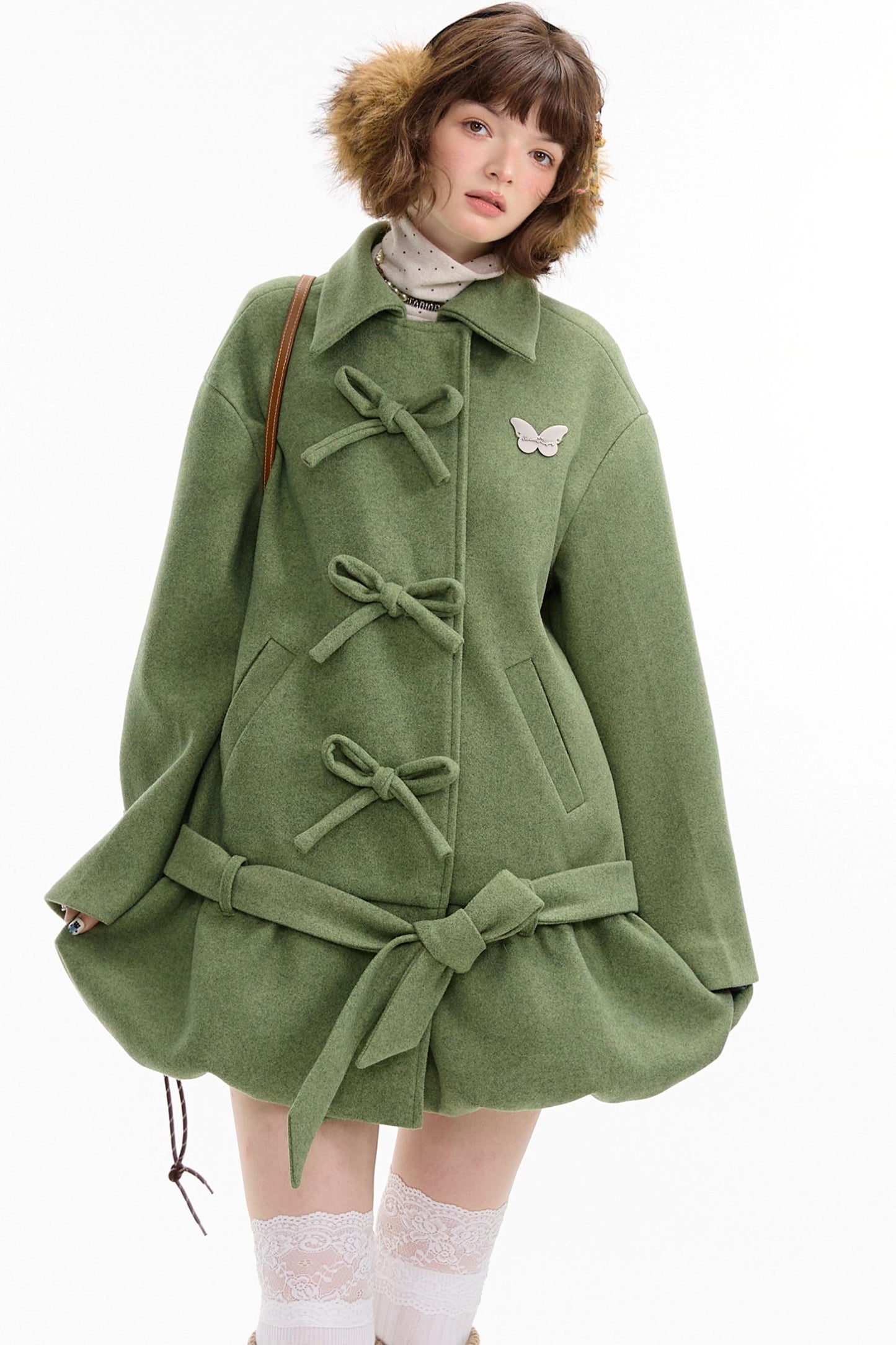 American Retro Bow Pocket Woolen Coat