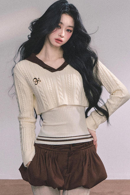 Navy Knitted Sweater Womens Top Set