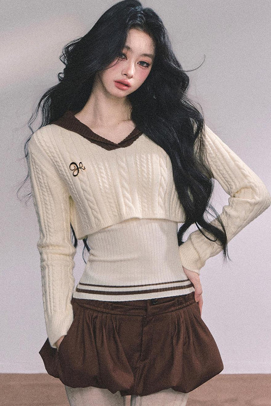 Navy Knitted Sweater Womens Top Set