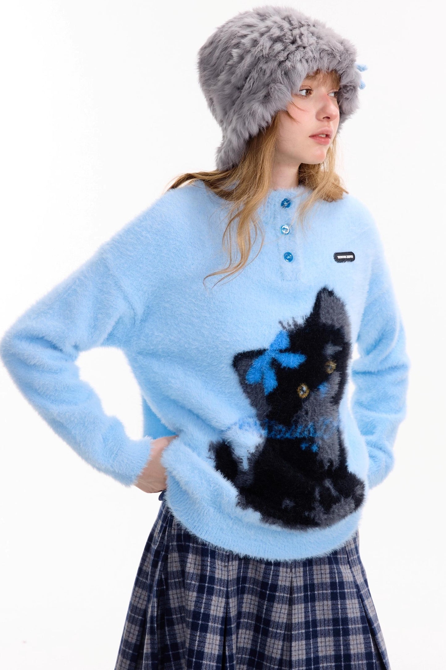 Blauer Katzendruck-Pullover