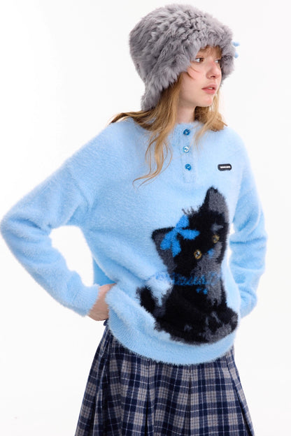 Blauer Katzendruck-Pullover