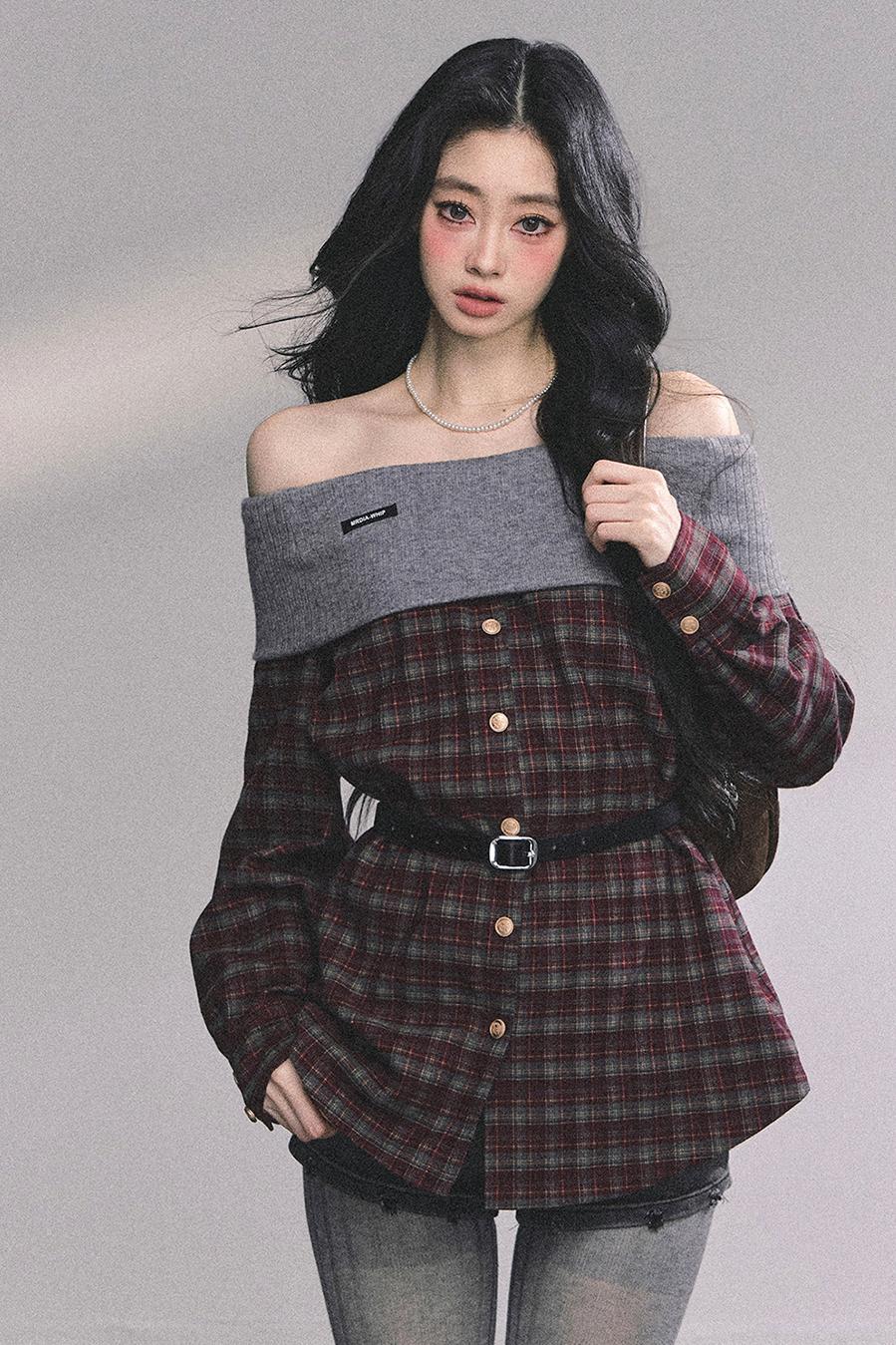 Autumn Waist Slimming Plaid Knit Top