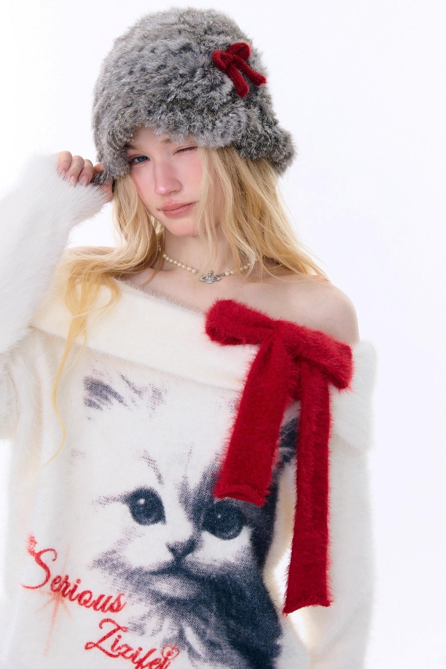Cat Print Off-Shoulder Sweater